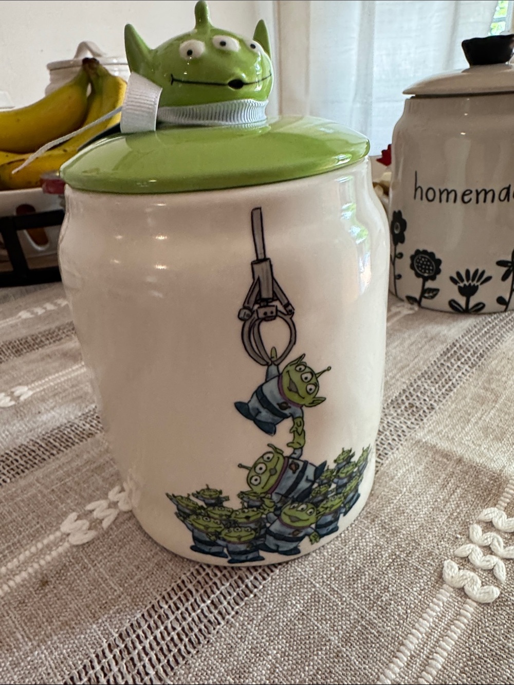 Rae Dunn White Canister with Green Alien Lid